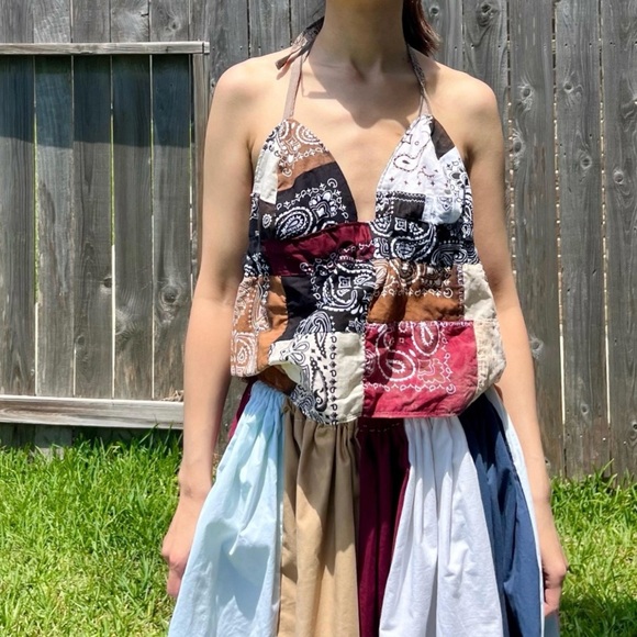 Handmade Quilted Halter Crop Top – Cowboy Tie-Dye Mix SKU 05061 - Picture 6 of 10